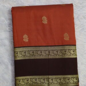 Premium Semi Kanchipuram soft silk saree in rust orange and brown with golden flower butta from Style with Diti